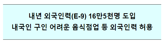 내년 외국인력(E-9) 16만5천명 도입 내국인 구인 어려운 음식점업 등 외국인력 허용 내년 외국인력(E-9) 16만5천명 도입 내국인 구인 어려운 음식점업 등 외국인력 허용