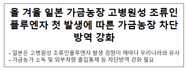 올 겨울 일본 가금농장 고병원성 조류인플루엔자 첫 발생에 따른 가금농장 차단방역 강화 올 겨울 일본 가금농장 고병원성 조류인플루엔자 첫 발생에 따른 가금농장 차단방역 강화