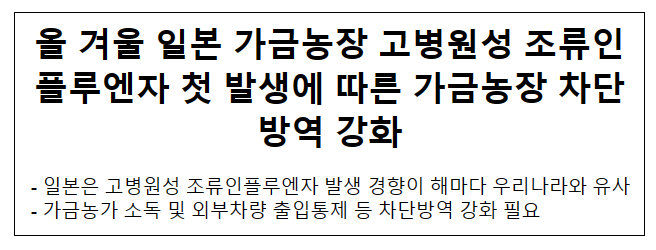 올 겨울 일본 가금농장 고병원성 조류인플루엔자 첫 발생에 따른 가금농장 차단방역 강화