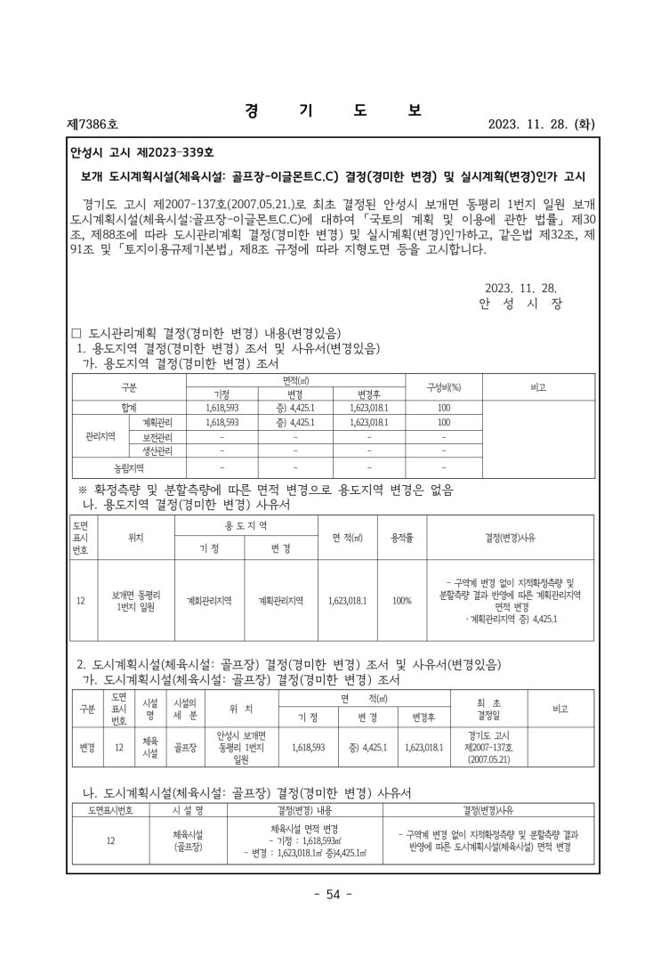 보개 도시계획시설(체육시설: 골프장-이글몬트C.C) 결정(경미한 변경) 및 실시계획(변경)인가 고시