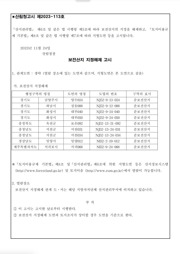  보전산지 지정해제 고시 [산림청] 2023.11.24