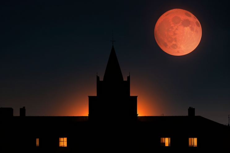 [Ai Greem] 배경_달 178: 붉은 달, 적월 아래의 검은 건물 Ai 무료 이미지 일러스트