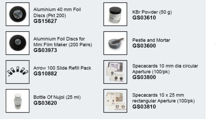 FTIR 소모품 리스트 : KBr powder, IR Consumables, Pellet 및 Film용 Holder 및 Ai 호일 / SPECAC / GS15627 GS03610