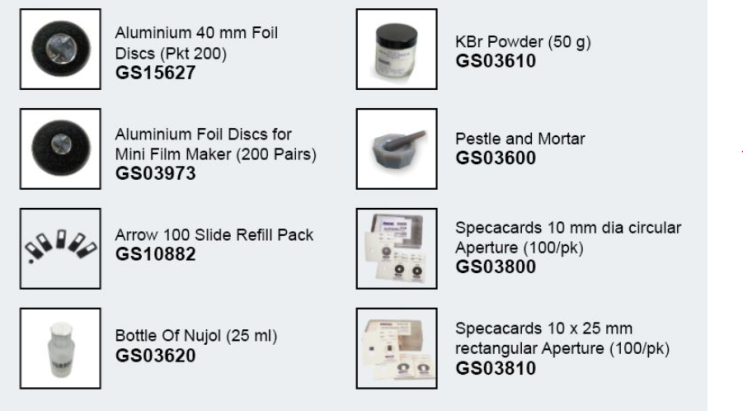  FTIR 소모품 리스트 : KBr powder, IR Consumables, Pellet 및 Film용 Holder 및 Ai 호일 / SPECAC / GS15627 GS03610