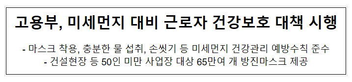 고용부, 미세먼지 대비 근로자 건강보호 대책 시행 고용부, 미세먼지 대비 근로자 건강보호 대책 시행