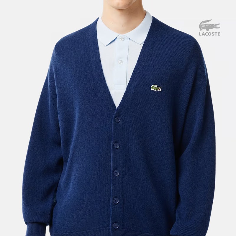 라코스테 23FW TONE-ON-TONE 버튼 브이넥 울 가디건 릴렉스핏 BL
