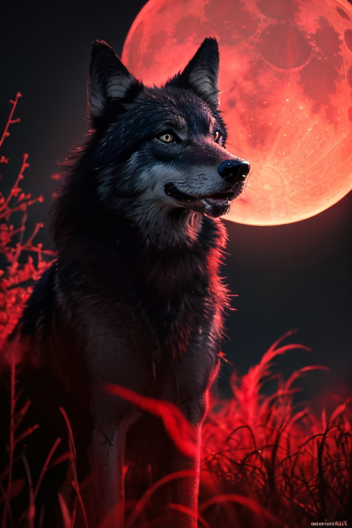 [Ai Greem] 배경_달 189: 붉은 달 아래에 늑대 한 마리 AI 무료 이미지