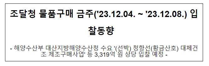 물품구매 금주(’23.12.04. ~ ’23.12.08.) 입찰동향 물품구매 금주(’23.12.04. ~ ’23.12.08.) 입찰동향