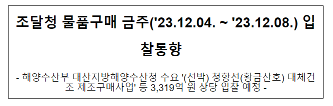 물품구매 금주(’23.12.04. ~ ’23.12.08.) 입찰동향