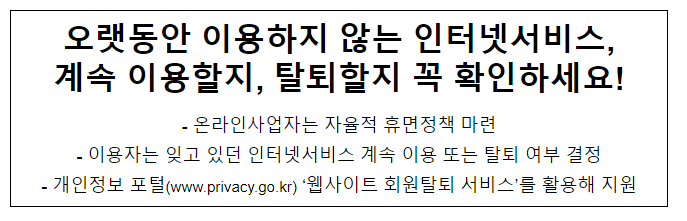 오랫동안 이용하지 않는 인터넷서비스, 계속 이용할지, 탈퇴할지 꼭 확인하세요! 오랫동안 이용하지 않는 인터넷서비스, 계속 이용할지, 탈퇴할지 꼭 확인하세요!