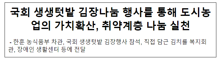 국회 생생텃밭 김장나눔 행사를 통해 도시농업의 가치확산, 취약계층 나눔 실천