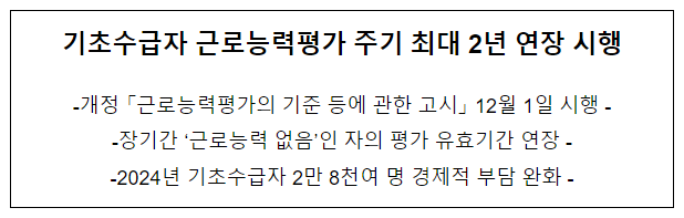 기초수급자 근로능력평가 주기 최대 2년 연장 시행 기초수급자 근로능력평가 주기 최대 2년 연장 시행