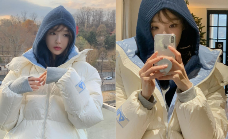  강민경 사복: 휠라 밀라노다운 후드 구스다운 숏패딩자켓 여성 코디