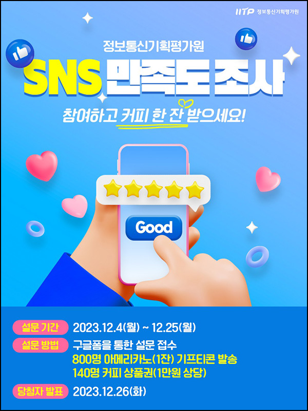 정보통신 기획평가원 SNS 채널 만족도 조사 이벤트(커피쿠폰 940명)추첨 정보통신 기획평가원 SNS 채널 만족도 조사 이벤트(커피쿠폰 940명)추첨