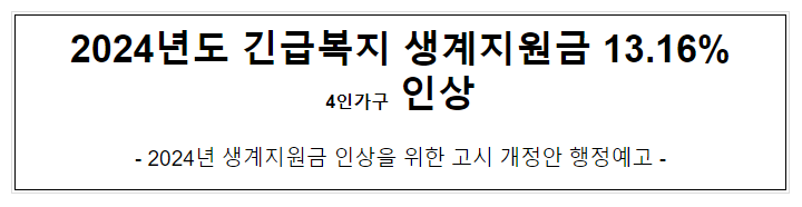 2024년도 긴급복지 생계지원금 13.16% 인상 2024년도 긴급복지 생계지원금 13.16% 인상