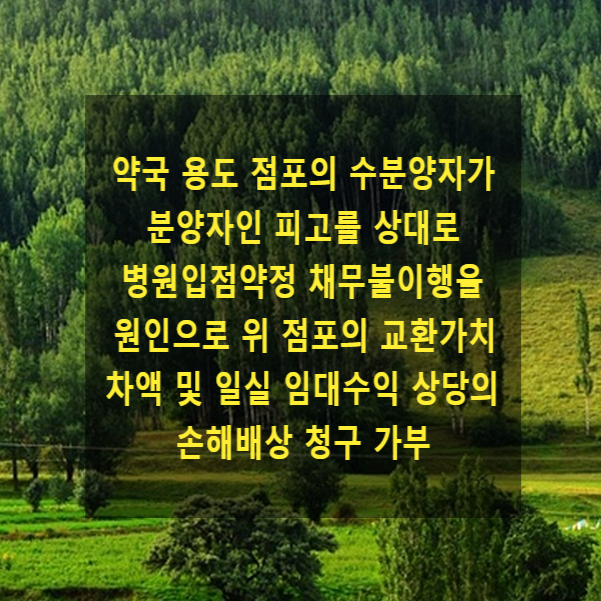  약국 용도 점포의 수분양자인 원고가 분양자인 피고를 상대로 병원입점약정 채무불이행을 원인으로 위 점포의 교환가치 차액 및 일실 임대수익 상당의 손해배상 청구 가부