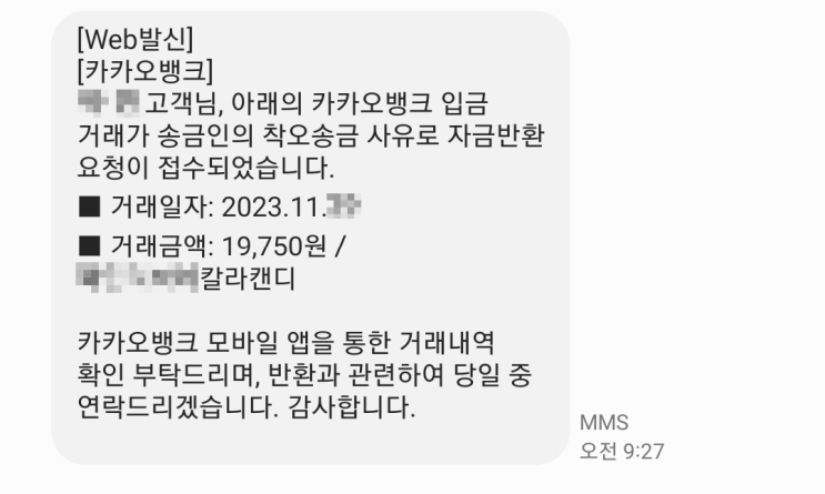 모르는 돈이 입금되었을 때? 카카오뱅크 착오송금 사유로 자금반환 요청받아 해결