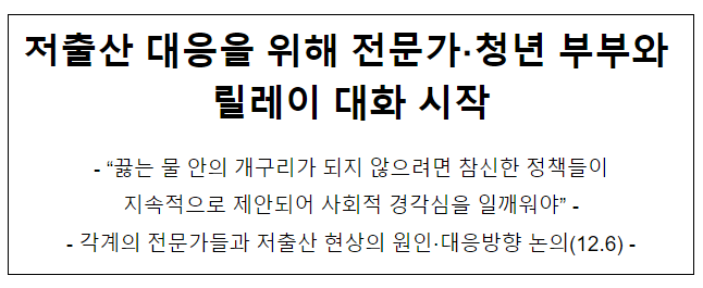 저출산 대응을 위해 전문가？청년 부부와 릴레이 대화 시작