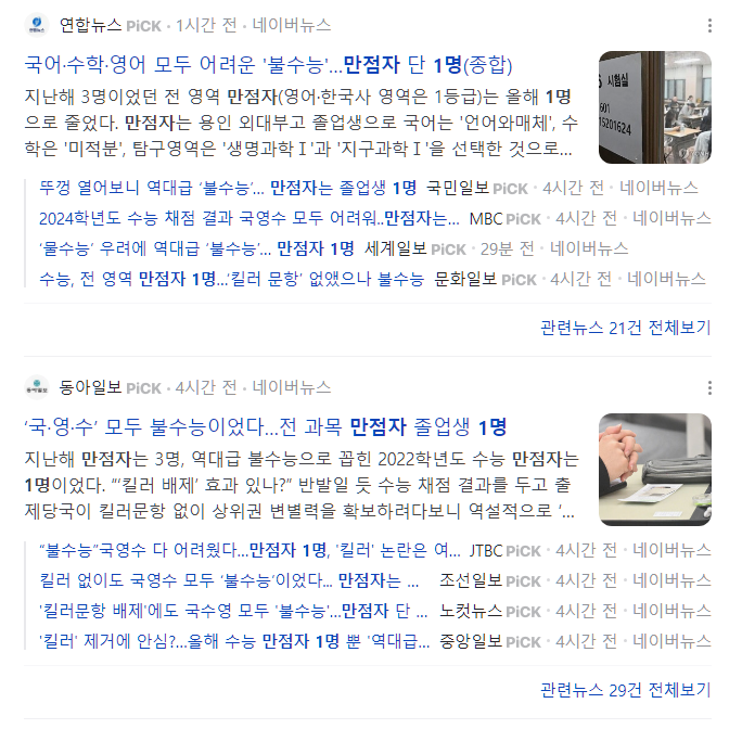  2024학년 수능시험 만점자 1명. 역대 수능 만점자 모음