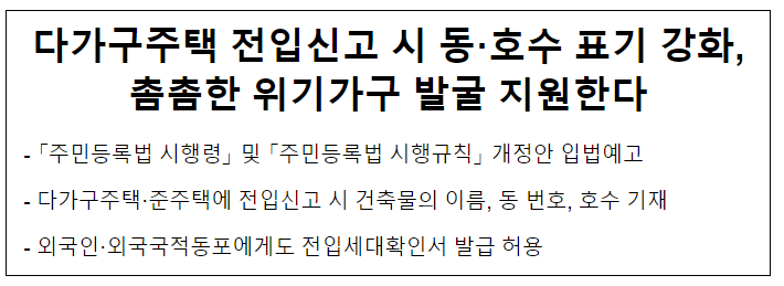 다가구주택 전입신고 시 동·호수 표기 강화, 촘촘한 위기가구 발굴 지원한다 다가구주택 전입신고 시 동·호수 표기 강화, 촘촘한 위기가구 발굴 지원한다
