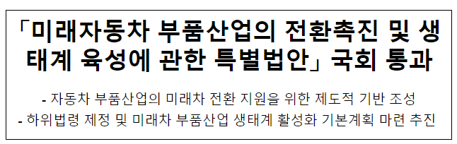 「미래자동차 부품산업의 전환촉진 및 생태계 육성에 관한 특별법안」 국회 통과 「미래자동차 부품산업의 전환촉진 및 생태계 육성에 관한 특별법안」 국회 통과