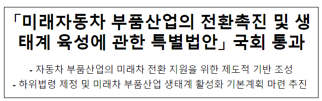 「미래자동차 부품산업의 전환촉진 및 생태계 육성에 관한 특별법안」 국회 통과