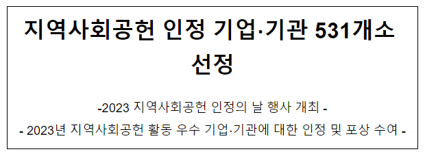 지역사회공헌 인정 기업 기관 531개소 선정