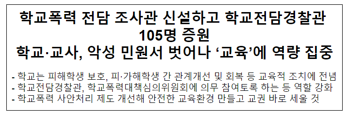 학교폭력 전담 조사관 신설하고 학교전담경찰관 105명 증원 학교·교사, 악성 민원서 벗어나 ‘교육’에 역량 집중