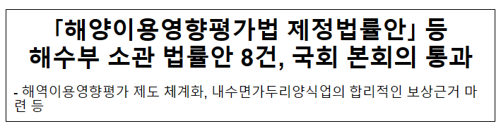 「해양이용영향평가법 제정법률안」 등 해수부 소관 법률안 8건, 국회 본회의 통과 「해양이용영향평가법 제정법률안」 등 해수부 소관 법률안 8건, 국회 본회의 통과