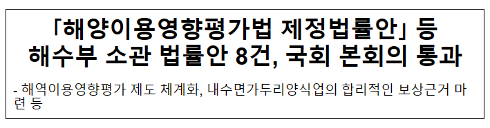 「해양이용영향평가법 제정법률안」 등 해수부 소관 법률안 8건, 국회 본회의 통과