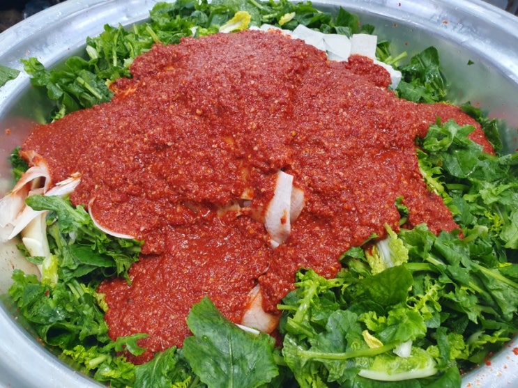  비빔국수와 열무국수에 사용하는 열무김치를 담았습니다.