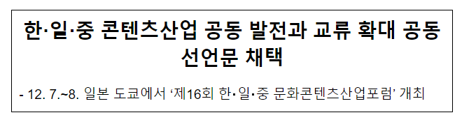 한·일·중 콘텐츠산업 공동 발전과 교류 확대 공동선언문 채택