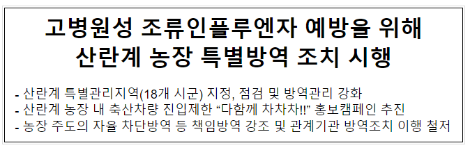 고병원성 조류인플루엔자 예방을 위해 산란계 농장 특별방역 조치 시행 고병원성 조류인플루엔자 예방을 위해 산란계 농장 특별방역 조치 시행