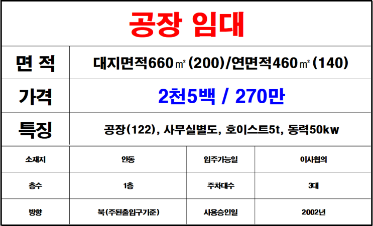  김해 안동 공장 임대 안동공단 내 안동공장임대