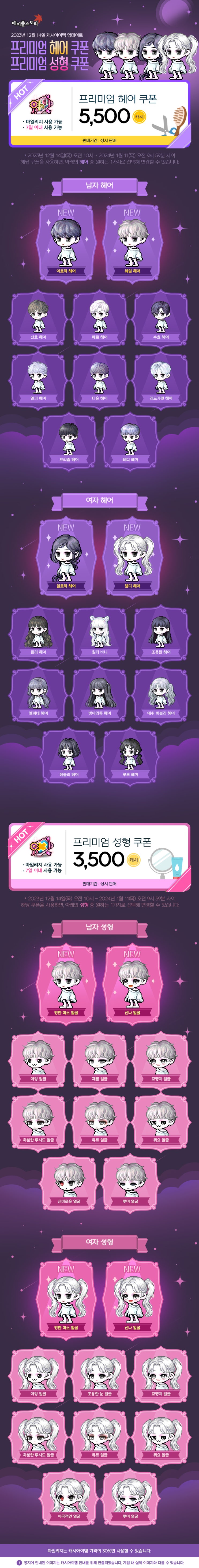  12월 14일 캐시아이템 업데이트 - 프리미엄 헤어&성형 쿠폰