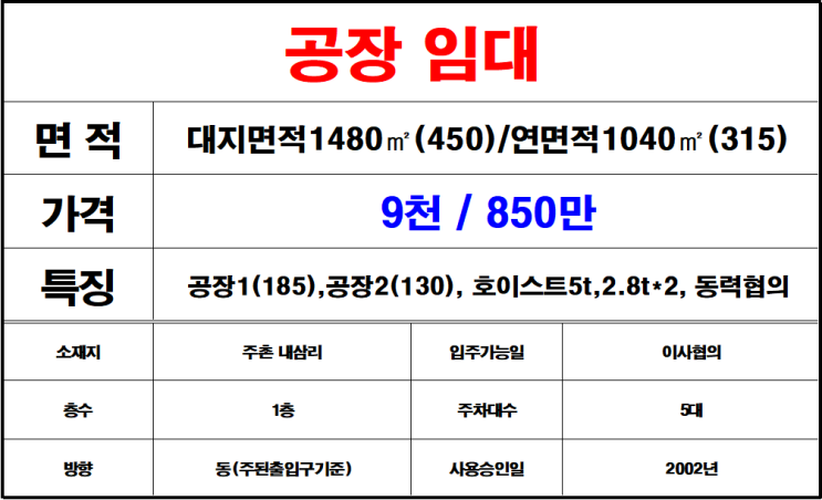  김해 주촌 공장 임대 내삼리공업지역내 주촌공장임대