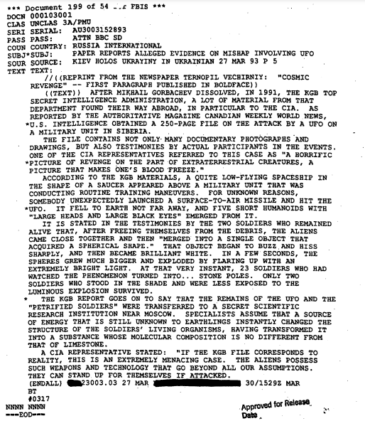 UFO의 공격으로 석화된 러시아 군 - CIA 기밀 해제문서