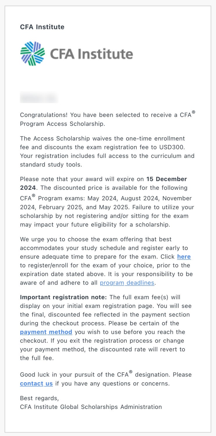  02. CFA Level 1_CFA Scholarship 합격 및 시험 접수 (USD 1,600-> USD300)