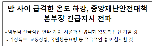 밤 사이 급격한 온도 하강, 중앙재난안전대책본부장 긴급지시 전파 밤 사이 급격한 온도 하강, 중앙재난안전대책본부장 긴급지시 전파