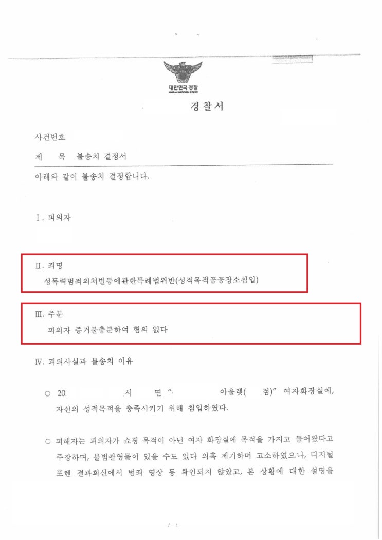 [성공사례] 성폭법위반 성적목적장소침입 불송치결정(무혐의)