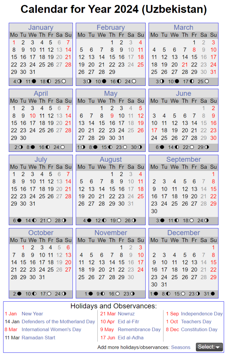  우즈베키스탄의 휴일 (2024년 달력)