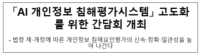 「AI 개인정보 침해평가시스템」 고도화를 위한 간담회 개최 「AI 개인정보 침해평가시스템」 고도화를 위한 간담회 개최