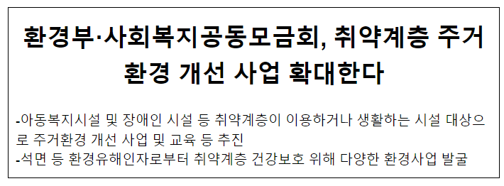 환경부·사회복지공동모금회, 취약계층 주거환경 개선 사업 확대한다