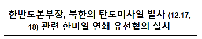 한반도본부장, 북한의 탄도미사일 발사 (12.17, 18) 관련 한미일 연쇄 유선협의 실시 한반도본부장, 북한의 탄도미사일 발사 (12.17, 18) 관련 한미일 연쇄 유선협의 실시