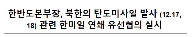 한반도본부장, 북한의 탄도미사일 발사 (12.17, 18) 관련 한미일 연쇄 유선협의 실시