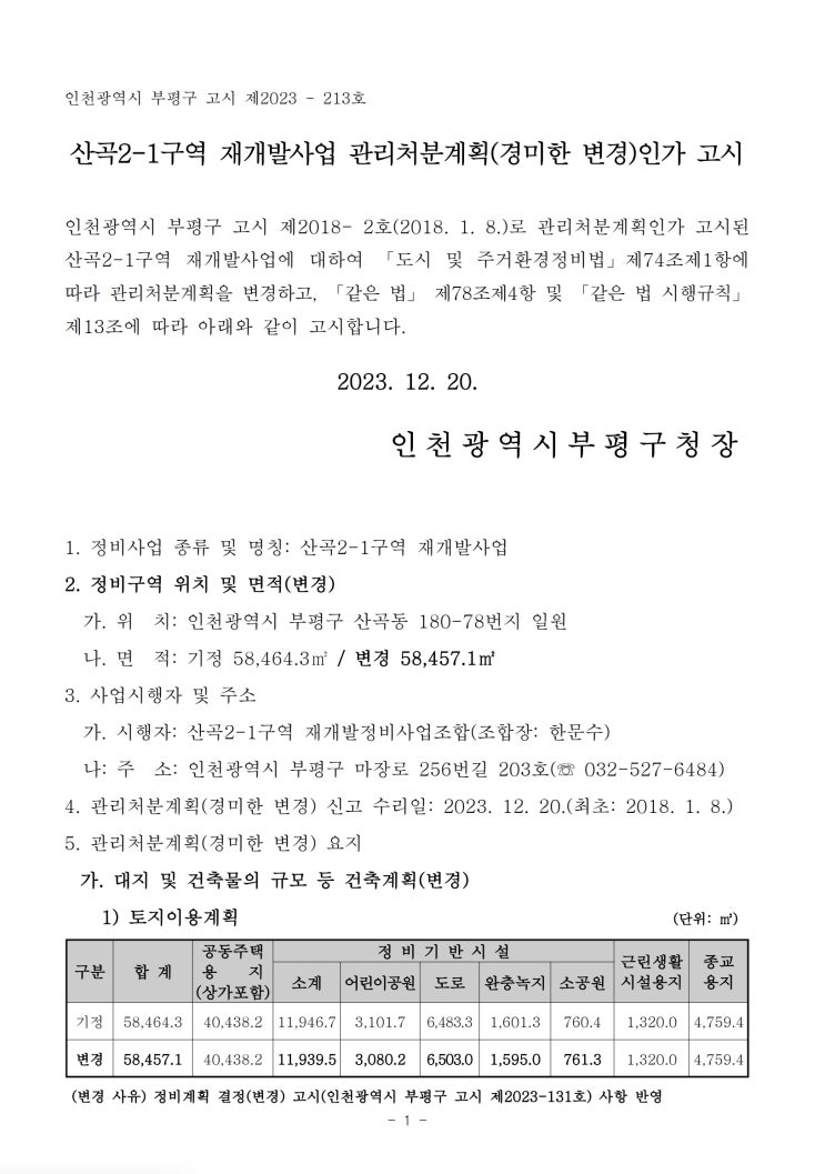  산곡2-1구역 재개발사업 관리처분계획(경미한 변경)인가 고시