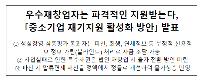우수재창업자는 파격적인 지원받는다, 「중소기업 재기지원 활성화 방안」 발표 우수재창업자는 파격적인 지원받는다, 「중소기업 재기지원 활성화 방안」 발표