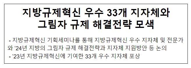 지방규제혁신 우수 33개 지자체와 그림자 규제 해결전략 모색 지방규제혁신 우수 33개 지자체와 그림자 규제 해결전략 모색