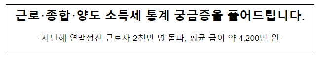 근로・종합・양도 소득세 통계 궁금증을 풀어드립니다. 근로・종합・양도 소득세 통계 궁금증을 풀어드립니다.