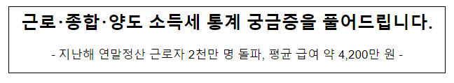 근로･종합･양도 소득세 통계 궁금증을 풀어드립니다.